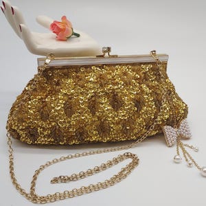Vintage Sequined Evening Bag: Gold Seed Bead Purse with Lucite Frame