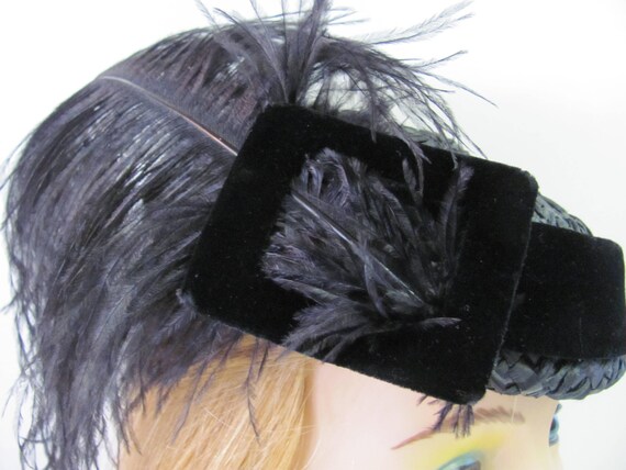 1950's RAFFIA PILL BOX Hat, Costume Hat, Black Ra… - image 2