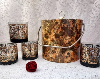 VINTAGE BARWARE SET, Set of Mid Century Lowball Cocktail Glasses, 1970's Vinyl bubble Spatter Ice Bucket, Smokey and Gold Mosaic Bar Glass