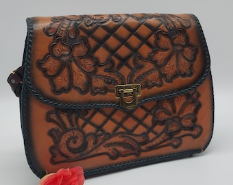 Vintage Tooled Leather Handbag: Floral Western Purse, Adjustable Handle Bag.