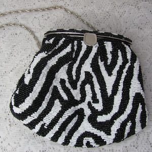 BEADED EVENING BAG, New Years Eve Purse, Vintage Black and White Purse, Black and White Bead Bag, Retro Zebra Hand Bag, Beaded Evening Bag