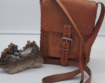 Vintage Tooled Leather Messenger Bag: 1970s Western Hippie Purse