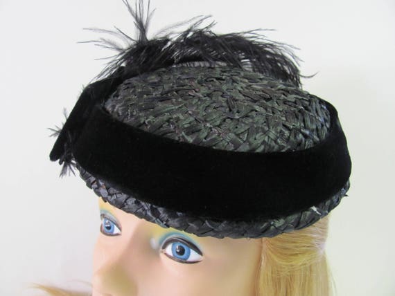 1950's RAFFIA PILL BOX Hat, Costume Hat, Black Ra… - image 4