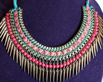 Vintage Egyptian Style Choker: Pink Beads, Brass Spikes, Belly Dance Necklace