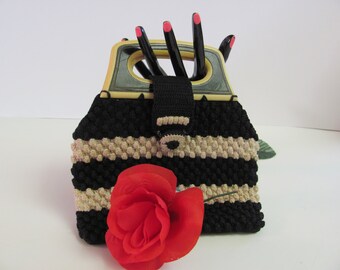 Vintage 1930s Knit Handbag: Lucite Handle Evening Bag