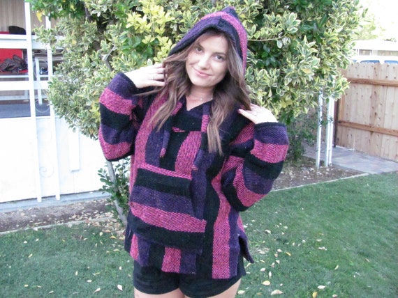 MEXICAN BLANKET HOODIE, Woven Pullover Poncho, Ba Ha Beach Bum, Hippie  Pullover, Woven Hoodie, Woven Purple, Pink Pullover Poncho Shirt. 