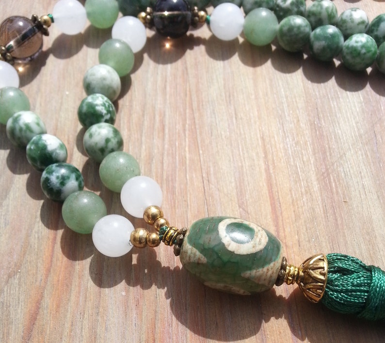 Green tassel long gemstone beaded Mala necklace Agate dzi bead handmade necklace Boho chic gift for her