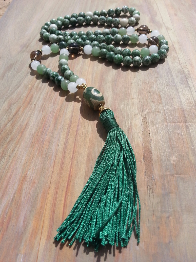 Green tassel long gemstone beaded Mala necklace Agate dzi bead handmade necklace Boho chic gift for her
