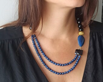 Blue jade and black onyx necklace, asymmetric chunky necklace, elegant handmade jewel, jade choker