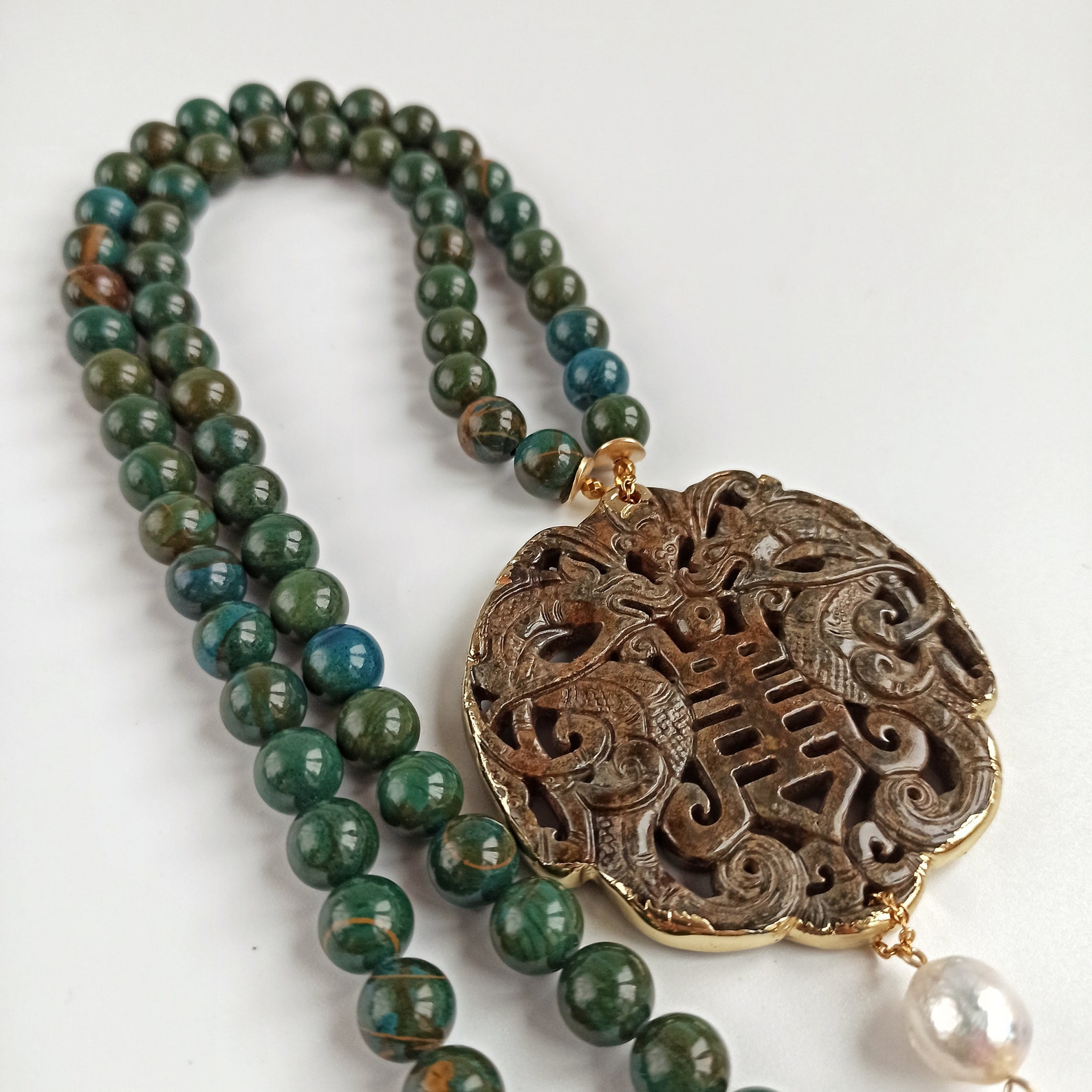 Jade locket long necklace boho pendant jewelry chrysocolla Etsy