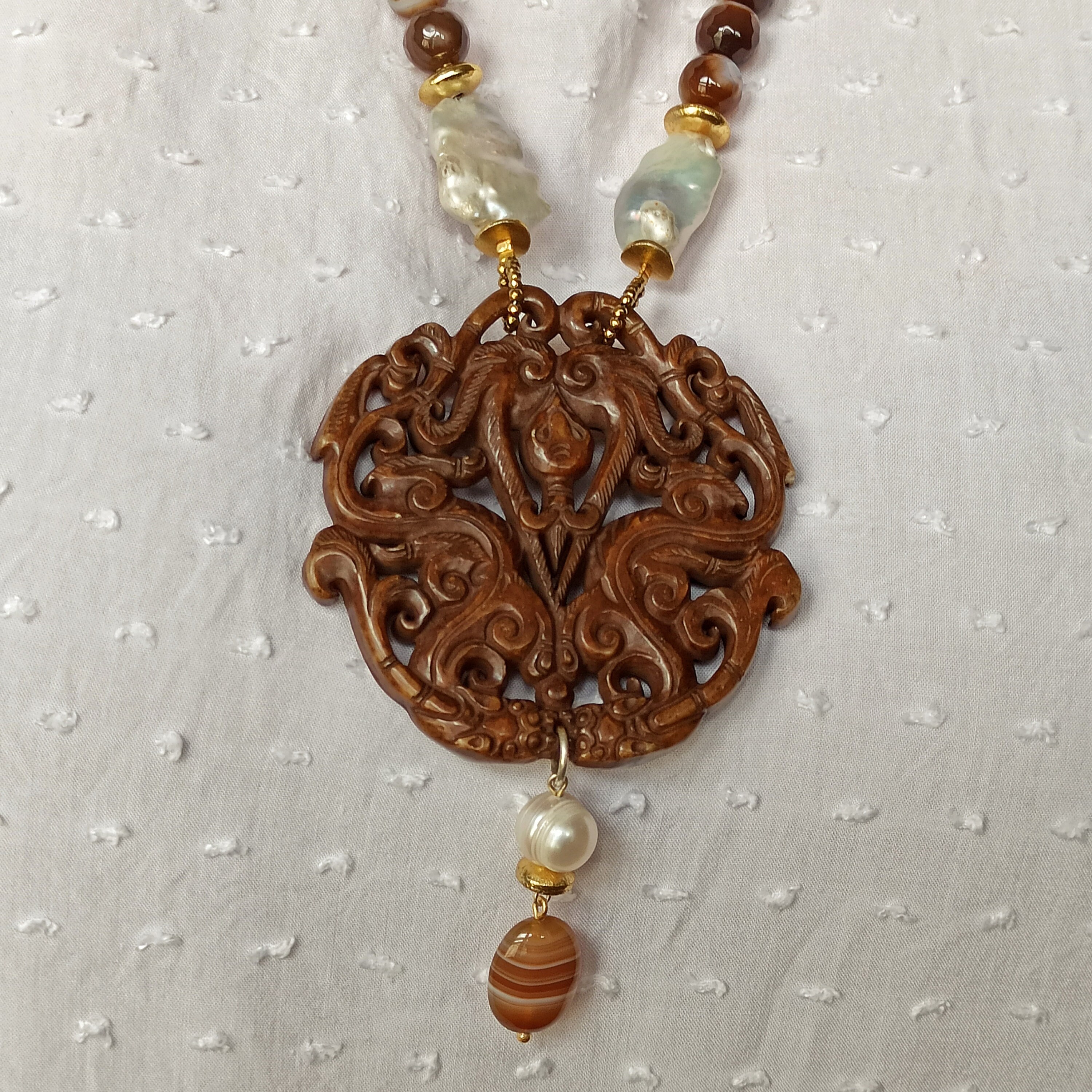 Carved Jade Locket Necklace Lariat Long Jewel With Brown Etsy UK