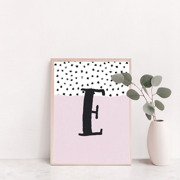 Blush pink Skandi polka dots spotty monogram E custom initial printable digital download for nursery girls room, black and white dot spot