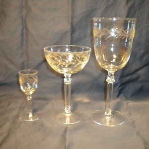 Vintage 3-Piece Fostoria Holly Glasses:  Cordial, Champagne and Wine Goblets - Cut Crystal Stemware with Laurel Wreath - Set of 5