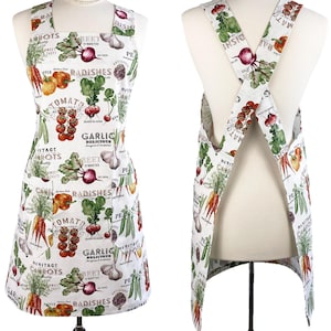 Vegetable Print Canvas Apron – Japanese Crossback Pinafore, Gardening Gift