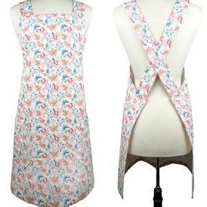 Floral Japanese Cross Back Apron – Cotton Canvas Cooking Pinafore with Pockets