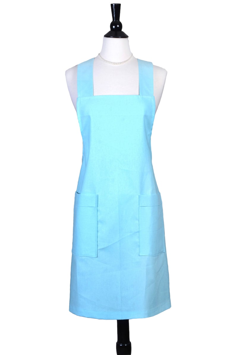 Aqua Blue Womens Retro Crossover Pinafore Vintage Style Apron Two Large Pockets- Personalized Option Japanese Linen Crossback Apron