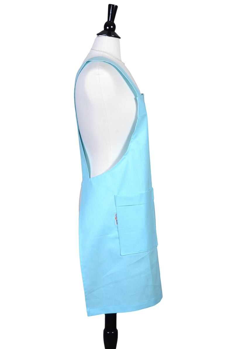 Aqua Blue Womens Retro Crossover Pinafore Vintage Style Apron Two Large Pockets- Personalized Option Japanese Linen Crossback Apron
