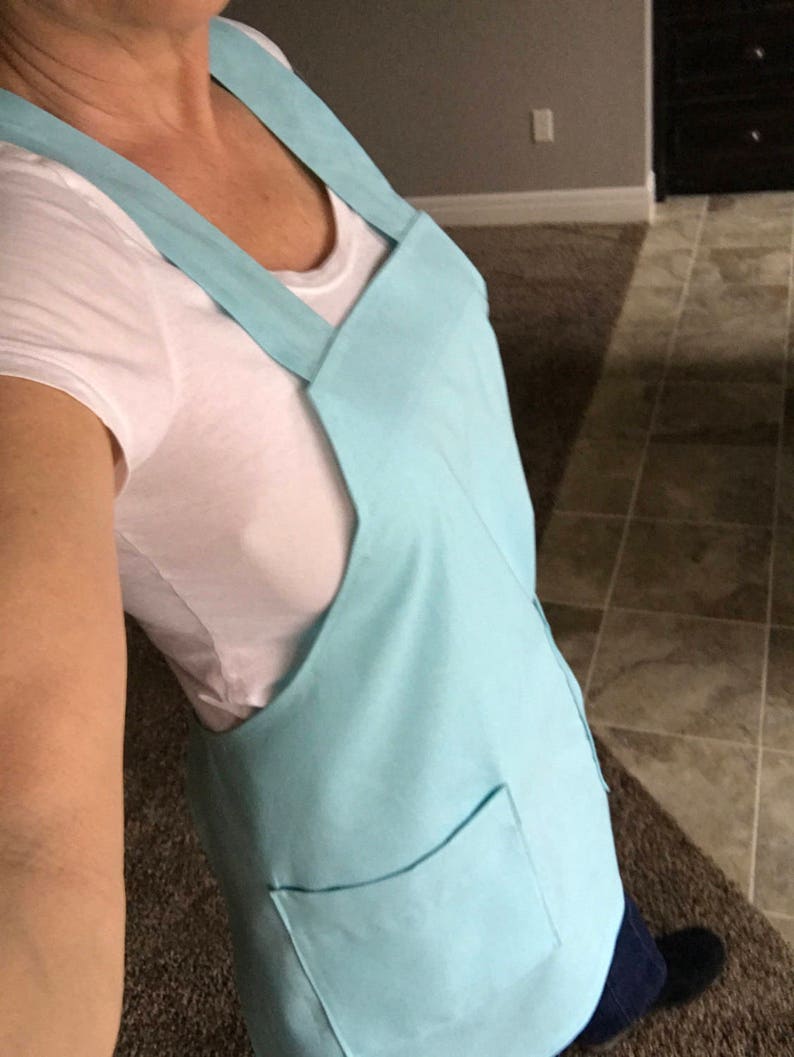 Aqua Blue Womens Retro Crossover Pinafore Vintage Style Apron Two Large Pockets- Personalized Option Japanese Linen Crossback Apron