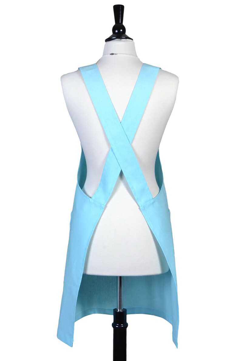 Aqua Blue Womens Retro Crossover Pinafore Vintage Style Apron Two Large Pockets- Personalized Option Japanese Linen Crossback Apron