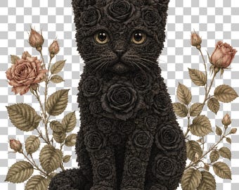 以下が含まれることがあります： 黒いバラで構成された黒猫のイラスト。琥珀色の目とひげがあります。猫は座っており、茶色の葉と桃色の花が咲くバラの枝に囲まれています。背景は透明です。