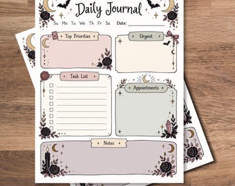 May include: A daily journal planner page featuring sections for Top Priorities, Urgent tasks, a Task List, Appointments, and Notes. The design includes illustrations of black roses, crescent moons, bats, and stars in a muted color palette.