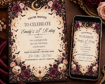 May include: A rectangular birthday invitation card and a smartphone displaying the same design, featuring dark purple roses, skulls, bats, and a golden crescent moon on a cream background with the text: YOU'RE INVITED TO CELEBRATE Emily's 23rd B'day.