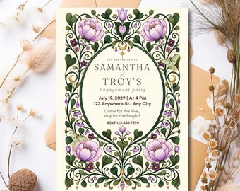 May include: A rectangular engagement party invitation card featuring a cream background with a dark green oval frame adorned with purple peonies, green leaves, small purple flowers, and two light green moths. The text reads: YOU ARE INVITED TO SAMANTHA & TROY'S engagement party July 19, 2029 | At 4 PM 123 Anywhere St., Any City Come for the love, stay for the laughs! RSVP 123-456-7890.