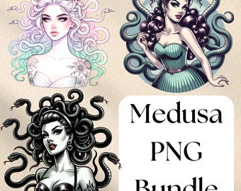 Gothic Medusa PNG Bundle, Dark Medusa Digital Design, Snake Woman Graphic, Greek Mythology Clipart, Gothic Tattoo Style Sublimation