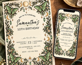 May include: A printed invitation and a smartphone displaying a digital invitation for Samantha's 10th birthday. Both feature a cream background with a border of green moths, mushrooms, stars, and moons. Text includes date, time, and address details.