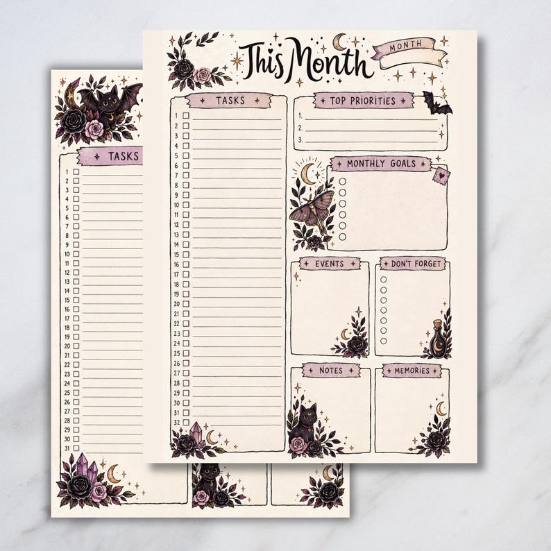 Printable monthly planner pages with a gothic spooky-cute design, featuring black cats, bats, roses, moons, crystals, butterflies, and floral accents. Includes sections for tasks, top priorities, monthly goals, events, reminders, notes, and memories. Two planner pages shown on a light grey background.