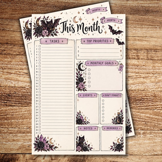 Gothic Monthly Planner Printable | Witchy Monthly Planner Pages | Dark Academia Planner | Monthly Organizer | Digital Download