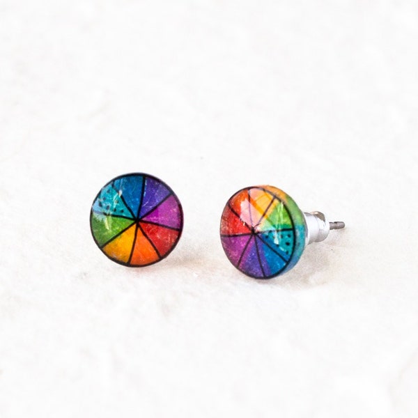 Small Color Wheel Stud Earrings / Pride Rainbow Earrings / Art Teacher Gift
