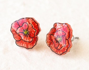 Rote Mohnblume Ohrringe, Mohnblumen, Mohn Schmuck, rote Blume Ohrstecker, Mohn Ohrstecker, rote Mohnblumen
