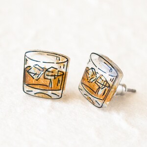 Whiskey Glass Earrings, Bourbon stud earrings, whiskey scotch gift, whiskey on the rocks