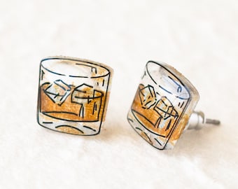 Whiskey Glass Earrings, Bourbon stud earrings, whiskey scotch gift, whiskey on the rocks