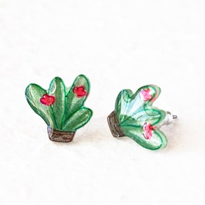 Tiny Plant Earrings, potted succulent stud earrings, nature flower cactus earrings, botanical gift