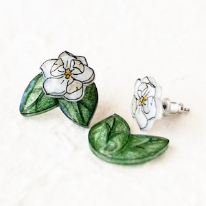 Magnolia Flower Earrings with Leaves | Magnolia Jewlery | Bridal Earrings with leaf ear jackets