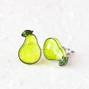 Pear Stud Earrings, fruit earrings, pear jewelry, golden green pears, kawaii fruit jewelry, titanium earrings