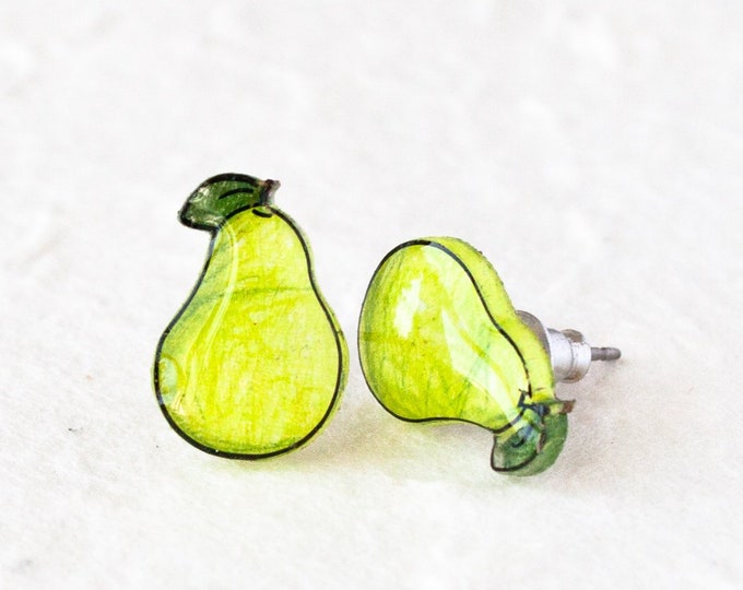 Pear Stud Earrings, Fruit Earrings, Pear Jewelry, Golden Green Pears