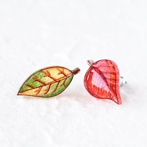 Autumn Leaf Stud Earrings / Red and Green Asymmetrical Fall Leaves image 2