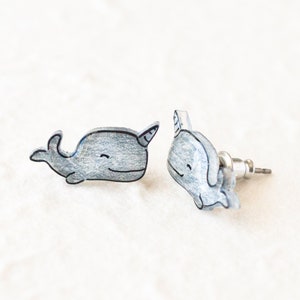 Narwhal Earrings, cute narwhal studs, kawaii nerd earrings image 2