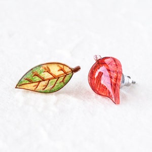 Autumn Leaf Stud Earrings / Red and Green Asymmetrical Fall Leaves image 4