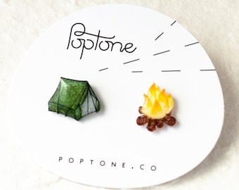 Camping Earrings | Tent and Campfire Mismatched Stud Earrings | Camping Jewelry Gift | Outdoor Hiking Jewelry