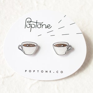 Coffee Stud Earrings, coffee lover jewelry, coffee cup, latte earrings, latte art jewelry image 1