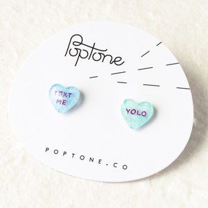 Candy Heart Valentine Earrings, YOLO + Text Me, valentines gift for her, conversation heart studs, candy heart earrings