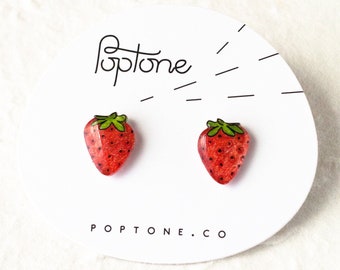 Strawberry Earrings, strawberry fruit studs, strawberries, kawaii fruit earrings, red berry earrings