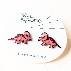 Pink Triceratops Dinosaur Stud Earrings / Pink Dino Jewelry / Femme Science Earrings