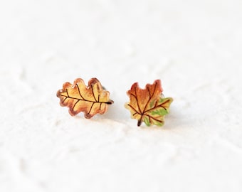 Tiny Maple Leaf Stud Earrings / Oak Leaf Earrings / Mismatched Fall Leaves