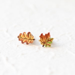 Tiny Maple Leaf Stud Earrings / Oak Leaf Earrings / Mismatched Fall Leaves
