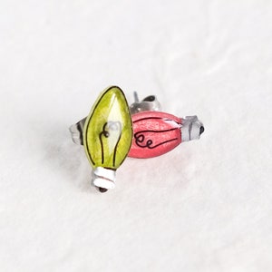 Tiny Christmas Light Bulb Stud Earrings with Metallic Silver Accents | Red and Green Holiday String Light Earrings